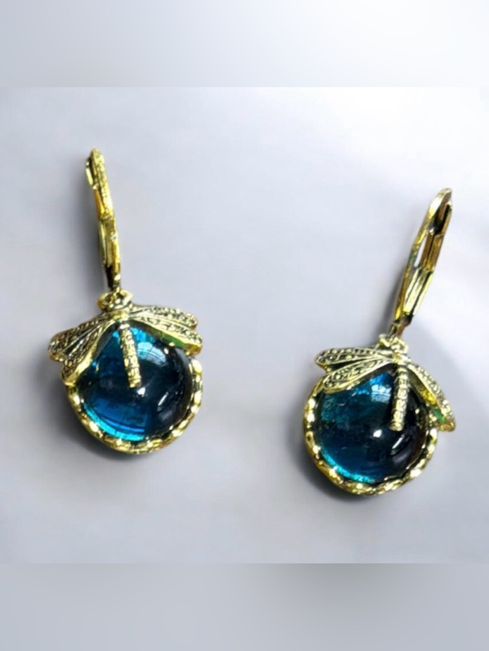 Boho Gold Tone Dragonfly Blue Glass Orb Dangle Earrings NEW